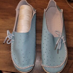 Women's Light Blue Perforated Moccasin Loafers
